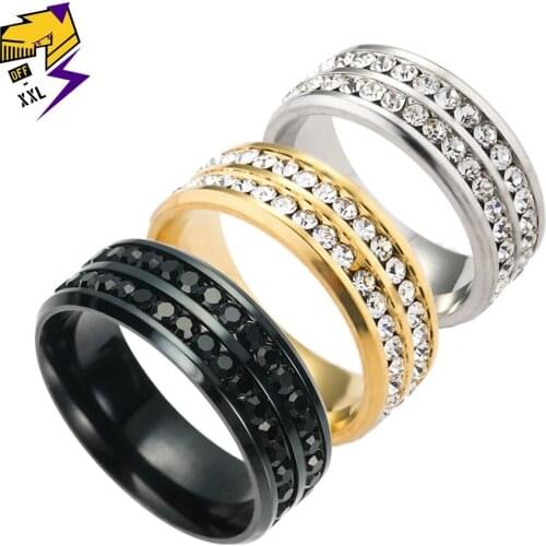 Classic Crystal Stone Finger Rings Black Stainless Steel Double Rows Rhinestone Mid Wedding Rings for Women Men Gifts Jewelry