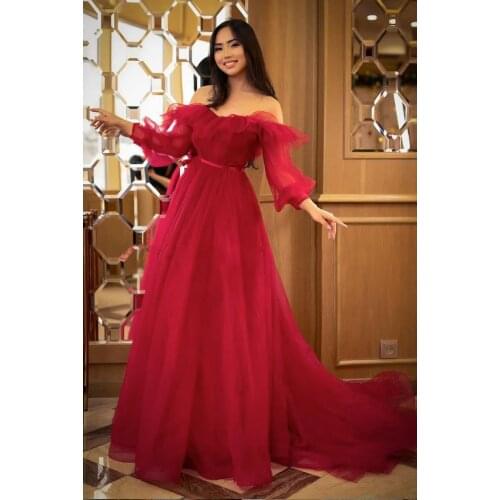Red Tulle Off Shoulder Prom Dresses 2021 A Line Long Sleeve Formal Evening Party Gowns Robes De Soirée