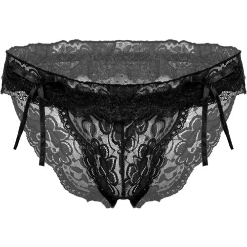 Men Lace Floral Panties See-through Lace Low Waist Briefs Bowknot Ruffles Underpants Sissy Gay Underwear Lingerie Honeymoon Gift