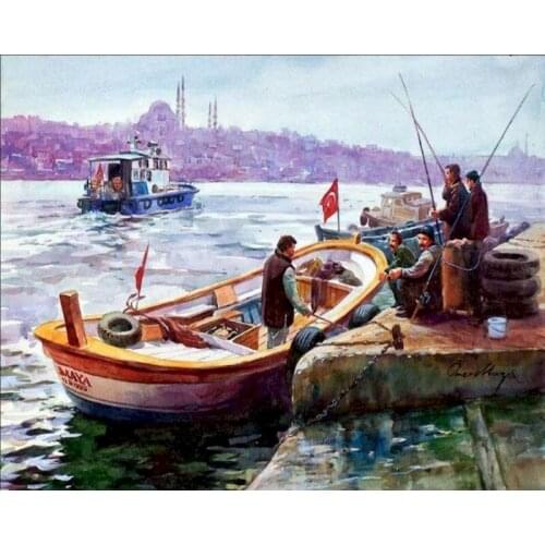 Cruise Ships Fishermen Oil Painting By Numbers Acrylic Paint For Adults DIY Craft Kits On Canvas With Framed Coloring By Numbers