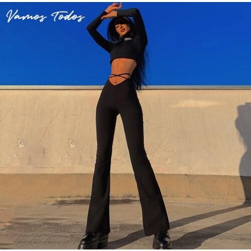 2021 Autumn Sexy Y2k Flare Pants High Waist Pants for Women Bodycon Drawstring Bell Bottom Pants Harajuku Womens Classic Pants