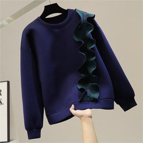 Autumn Winter Fashion Ruffles Side Stitching Solid Color Round Neck Space Cotton Long Sleeve Sweatshirt Womens Fashion Hoodie