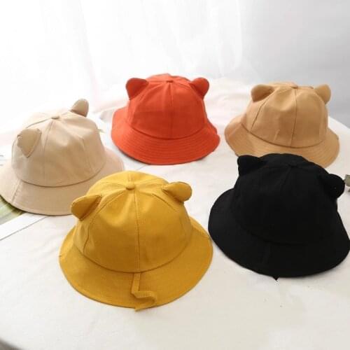 Childrens Spring Summer Bucket Hats For Kids Solid Cartoon Ear and Tail Boys Girls Outdoor Sun Hats Cute Cotton Fisherman Cap