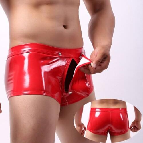 Sexy Mens Underwear Men Patent Leather Boxershorts Exotic Hollow Gay Couple Penis Big Pocket Male Panties Stage Show Men Boxers