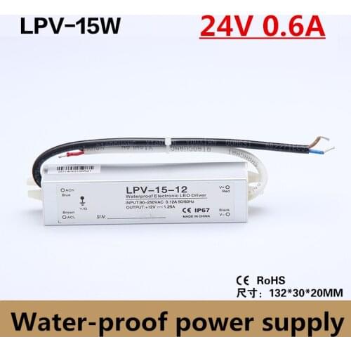 High Quality IP67 15W 24V 0.6A Water-proof Power Supply Driver Adapter Voltage Transformer for Led Strip Light, 90-260vac input