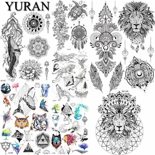 YURAN Sexy Whale Henna Flower Mandala Floral Tattoos Stickers Body Arm Chest Lion Tattoo Temporary Women Men Oceam Tatoos 3D Art