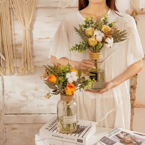 Holding Flowers Artificial Natural Rose Wedding Bouquet with Silk Satin Ribbon Pink White Champagne Bridesmaid Bridal Party