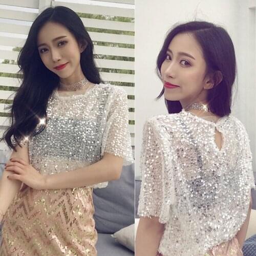 European Summer New Loose BLingBling Embroidery Stitching Sequined Mesh T-shirts Women Tops Fashion Streetwear 2021