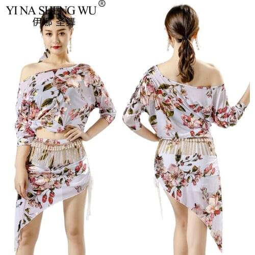 Women New Belly Dance Set New Oriental Dance Split Practice Clothes Dance Competition Costume Top+Skirt Sexy Floral Pattern Set