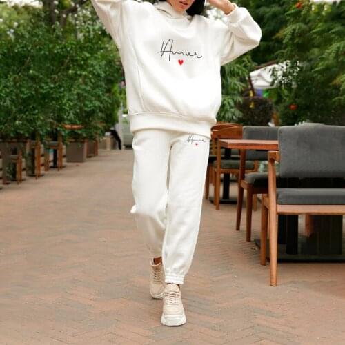 Womens Heart Print Fleece Tracksuit Set Female Sportswear Sets Hoodie Pants Female 2021 Spring Autumn Casual Ladies Suit