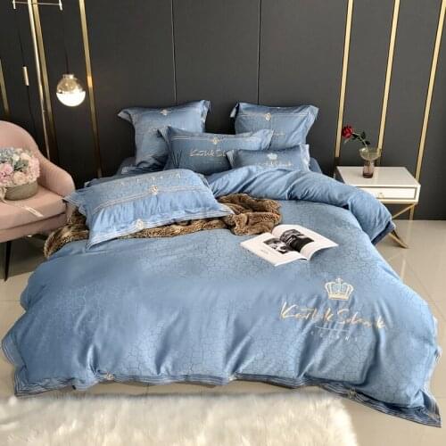 2020 Glossy Satin Cotton Marbling Bedding Set Embroidery Crown Duvet Cover Set Bed Sheet Pillowcases Queen King Size 4pcs