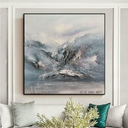 Large Size Canvas Handmade Abstract Oil Painting Blue and White Wall Art Minimalist Decoration Modern Living Room