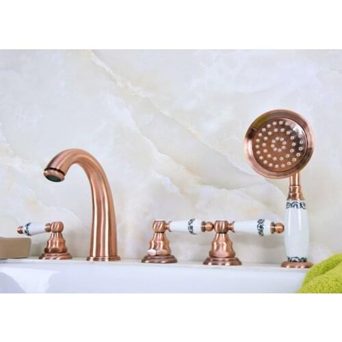 Antique Red Copper Brass Widespread Three Handles Deck Mounted 5 Holes Bathroom Tub Faucet Mixer Tap With Handshower mtf233