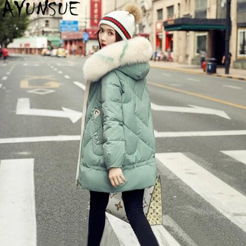AYUNSUE Winter Duck Down Jacket Women Hooded Fox Fur Collar Fashion Woman Parkas Coat Female High Quality Womens Clothing Ropa