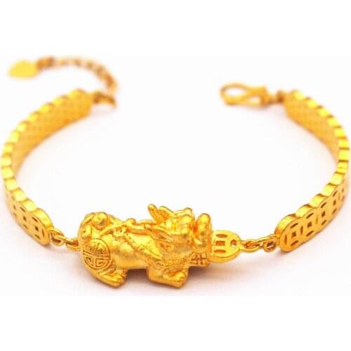 Fine 24K Gold Chinese myth animals shape Punk Bracelet Curb Cuban Chain Gold Color Bracelets Bangle For Men Women Jewelry Gifts