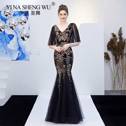 Black Mesh & Gold Floral Sequined V Neck Mermaid Dress Luxury Formal Evening Party Long Dress Batwing Sleeve Sexy Nightclub Wear