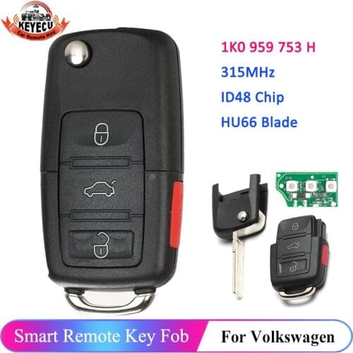 KEYECU 3+1 4 Button 1K0 959 753 H Flip Remote Key 315MHz ID48 Chip 1K0959753H for Volkswagen VW Rabbit Jetta GTI Golf Eos CC