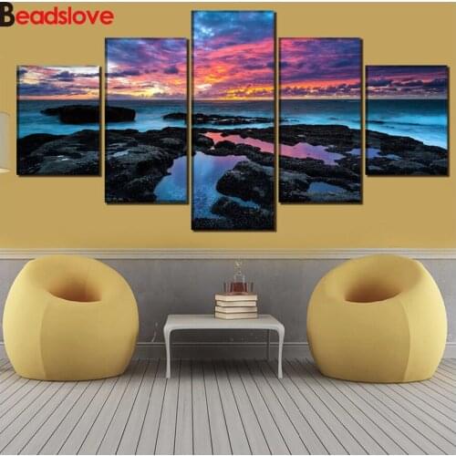 Round diamonds diamond embroidery Sea Rosy Sky Cloudy 5pcs diamond painting Cross-Stitch square rhinestone 5d diy home decor