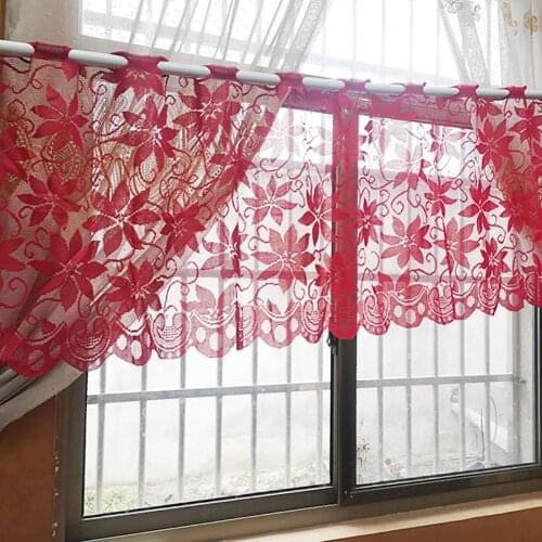 Red lace curtain 200x50cm Short Curtain Flower Print Mesh Modern Jacquard Christmas Lace Curtain Door Window Drape Xmas Decor