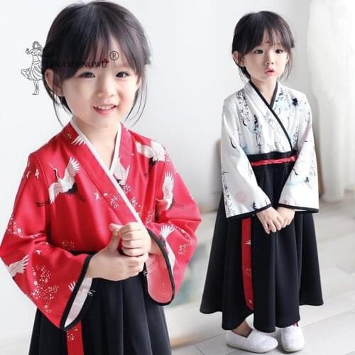 Little Girl Baby Crane Print Robe Set Japanese Girl Dress Kimono Costume Child Floral Embroidery Tops Skirt Kids Yukata Clothes