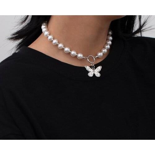 Trendy Pendant Necklace Stainless Steel Butterfly Choker Faux Pearl Goth Jewelry Iced Out Grunge Aesthetic Accessories