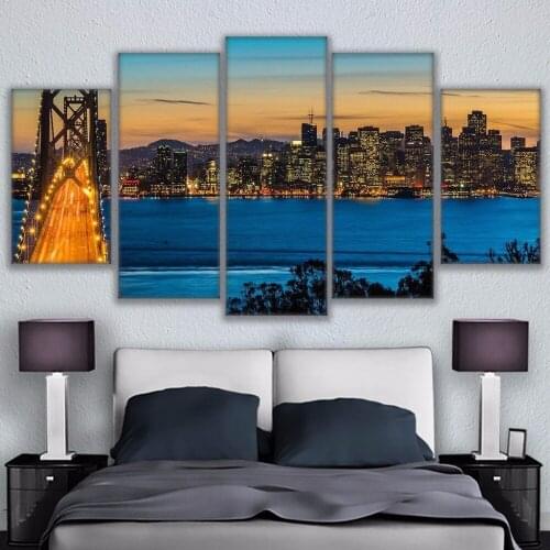 Wall Modular Picture Home Decoration Canvas Art 5 Panel San Francisco Bay Bridges Living Room Printed Modern Paintings