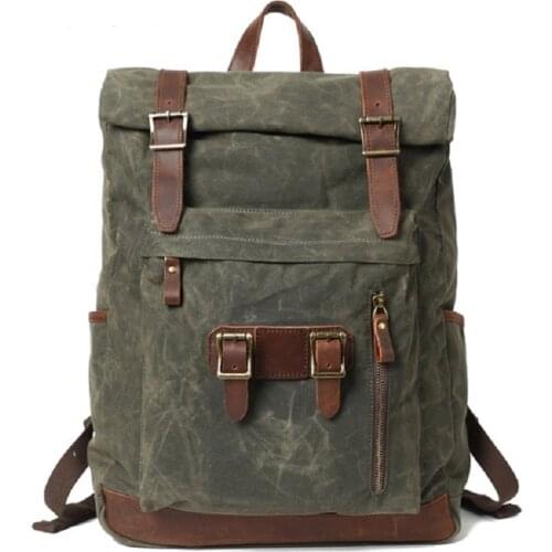 M342 New Europe Canvas Leather Backpacks Mens 15" Laptop Daypacks Waterproof Canvas Rucksacks Large Waxed Travel Back Packs Big