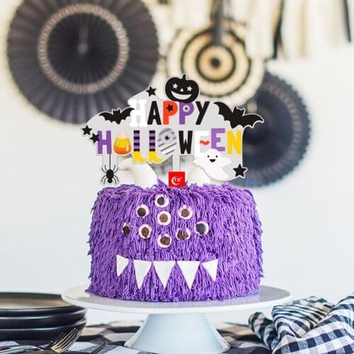 New Happy Halloween Acrylic Color Printing Cake Toppers Bat Spider Baking Cupcake Toppers for Halloween Party Cake Decorations