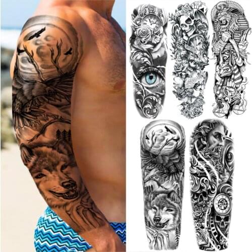 Eagle Wolf Temporary Tattoos Sleeve For Men Women Samurai Compass Eye Skull Lion Fake Tattoo Stickers Full Arm Tatoo Extra Large
