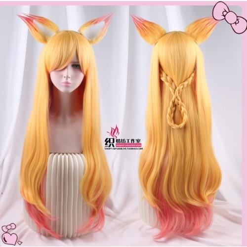 Game LOL Ahri Character Cosplay Wigs 90cm Long Heat Resistant Synthetic Hair Perucas Cosplay Wig + Wig Cap
