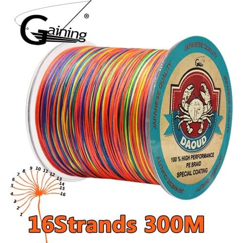 Gaining Braided 16 Strands Fishing Line 300M Multicolor Super Strong Japan Multifilament PE Braid Line 59 77 94 127 136 220LB