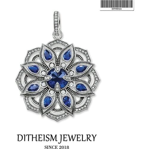 Blue Lutos Flower Pendants, 2019 Fashion Jewelry 925 Sterling Silver Vintage Gift For Women Girls Fit Necklace