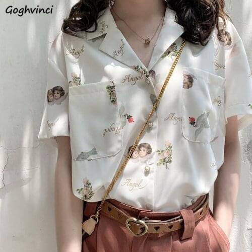 Shirts Women Summer Printed Single Breasted Ins Retro Trendy Leisure Chic Womens Tops Preppy Style Korean BF Sweet Teens Ulzzang