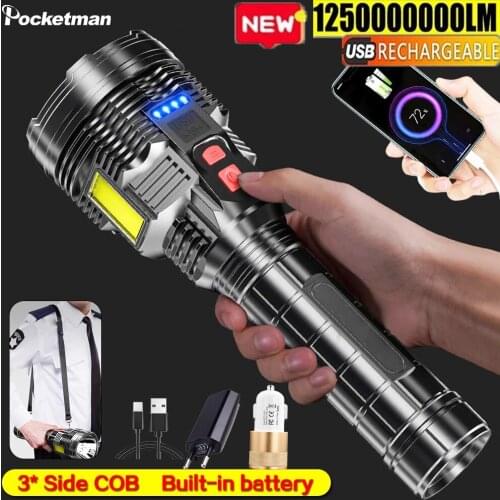 90000LM Led Patrol Flashlight 3*COB Sidelight Torch Waterproof Security Portable Rechargable Flashlight Camping Light With Strap