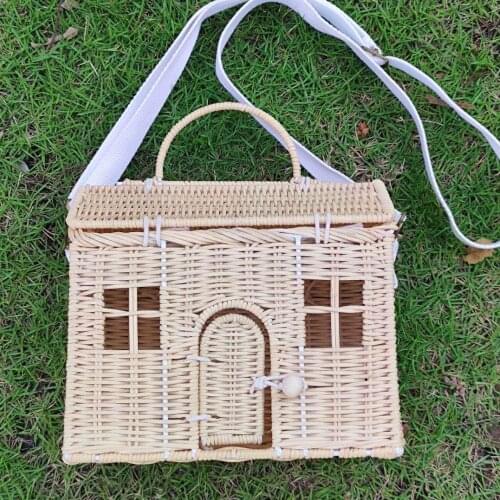 Nordic Style INS Fashion Handmade Rattan Vintage Storage Basket Kids Shoulder Bag House Shape Best Gift for Girls Children Decor