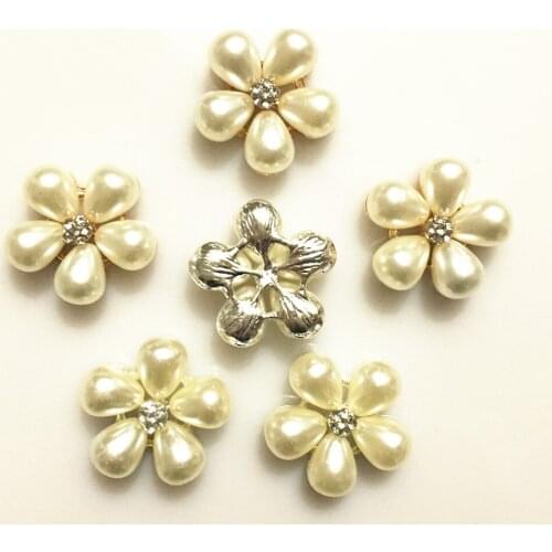 CJSIR 5Pcs 24mm Flower Alloy Pearl Buttons Bridal Wedding Decoration Alloy Rhinestone Crystal DIY Ribbon Hair Bow Accessories