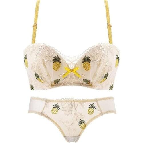 Women Fruit Salad Gather Adjustable Rimless Bra Set Lace Embroidered Bra Set