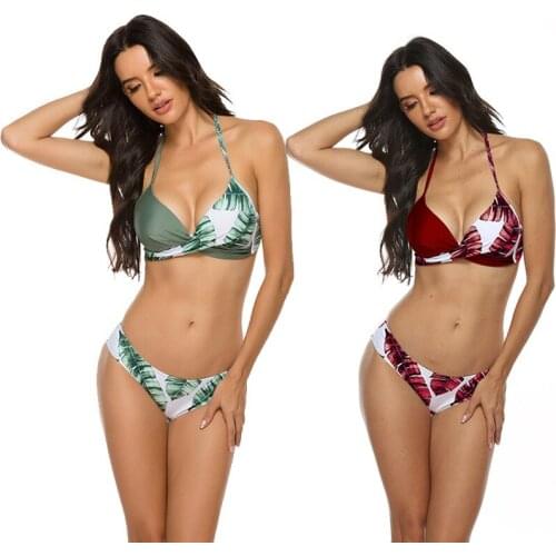 Leaf Print Push Up Bikinis Set Sexy Swimwear Women Swimsuits Bathing Suit Women Halter Beach Wear Bikini 2020