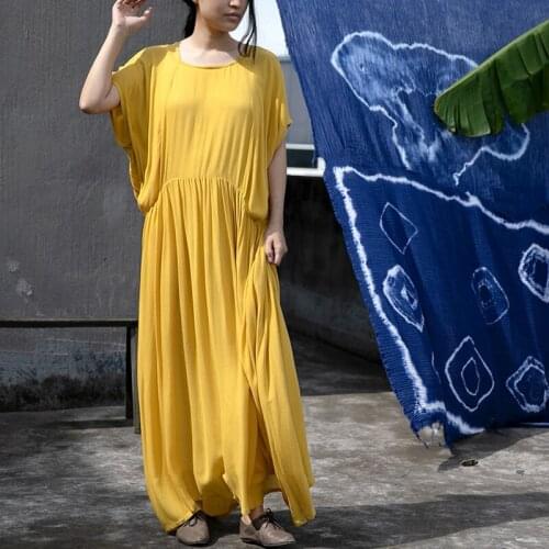 Johnature Women Yellow Dresses Cotton Vintage Short Sleeve O-Neck 2020 Summer New Loose Women Clothing Casual Irregular Dress