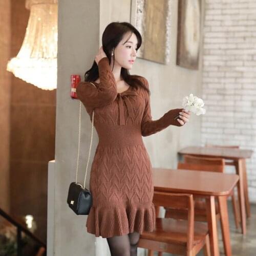 Fashion women new arrival knit soft basic mini trumpet dress high quality casual autumn winter warm bow trend mermaid dress