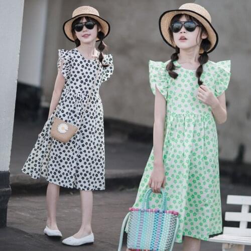 2021 Girls Summer Dress Elegant Floral Fly Sleeve Kids Dresses for Girl Beach Dress Cotton Children Clothes Princess Costume