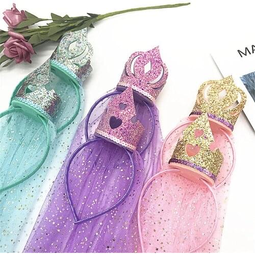 2021 New Kids Girls Shiny Hairband Crown Princess Veil Headband Hairpin Stage Props Hair Accessories Childrens Birthday Gift