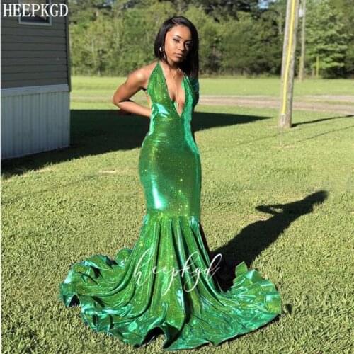 Glitter Green Mermaid African Prom Dresses Backless Halter Neck Long Sexy Black Girls Wedding Party Dress Plus Size Graduation