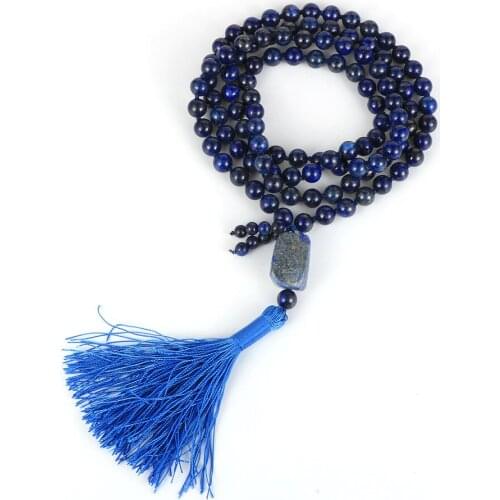 Women Men 108 Mala Beads Lapis Lazuli Irregular Natural Stone Blue Tassel Pendant Necklace 8mm Beads Stand Healing Reiki Jewelry