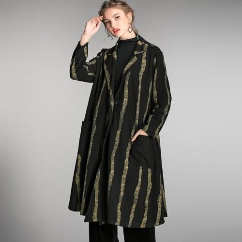 2019 Winter elegant Stripe printed outwear Fashion trench cardigan ladies french style turn down collar loose outfit long coats