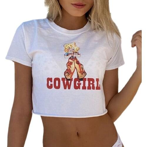 Womens Casual Crop Top, Stylish Crew Neck Short Sleeve Graphic Basic T-Shirt Tee for Teen Girls