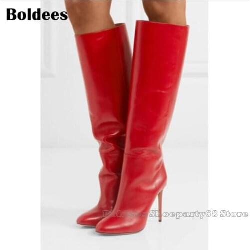 Fashion Botines Mujer Pure Red Leather Show Design Pointed Knee Lengh High Heel Winter Boots