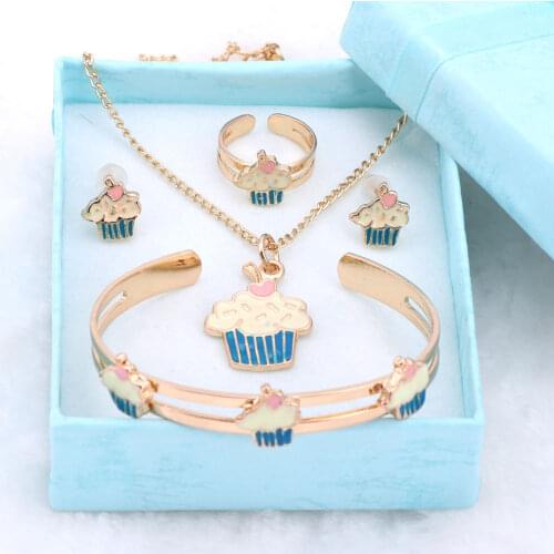 Fashion Girl Jewelry Lovely Crystal Ice-cream Children Necklace Bangle Earring Ring Kids Baby Costume Jewelry Set And Boxes