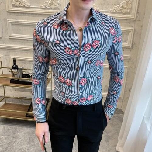 Hot Sale Men Floral Shirts Striped Long Sleeve Spring New 2021 Slim Fit Casual Blouse Homme Night Club Prom Tuxedo All Match 3XL