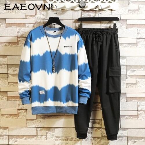 EAEOVNI Patchwork Mens Sportswear Sets 2021 Autumn Spring Hoodies Casual Tracksuit Sweatshirt + Sweatpants Track Suit